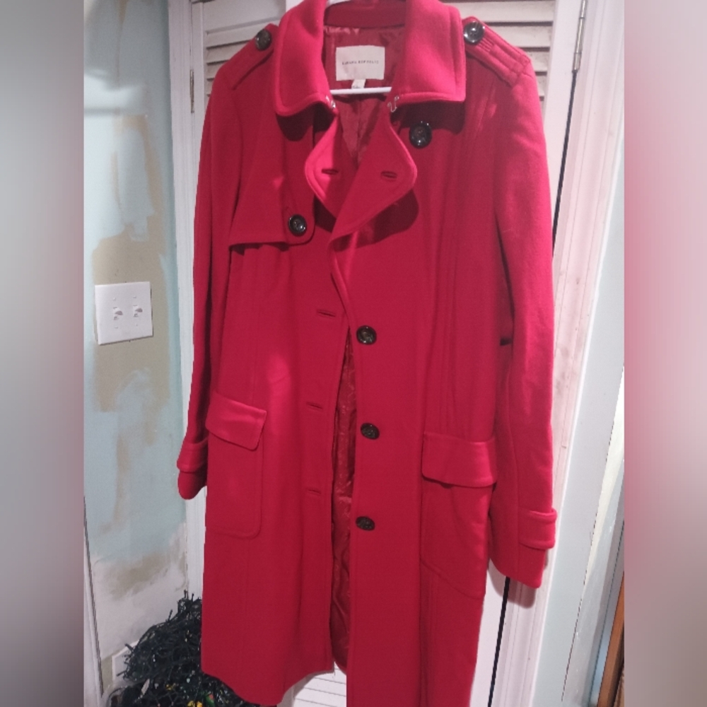 Red Trench Coat with Colorful Scarf